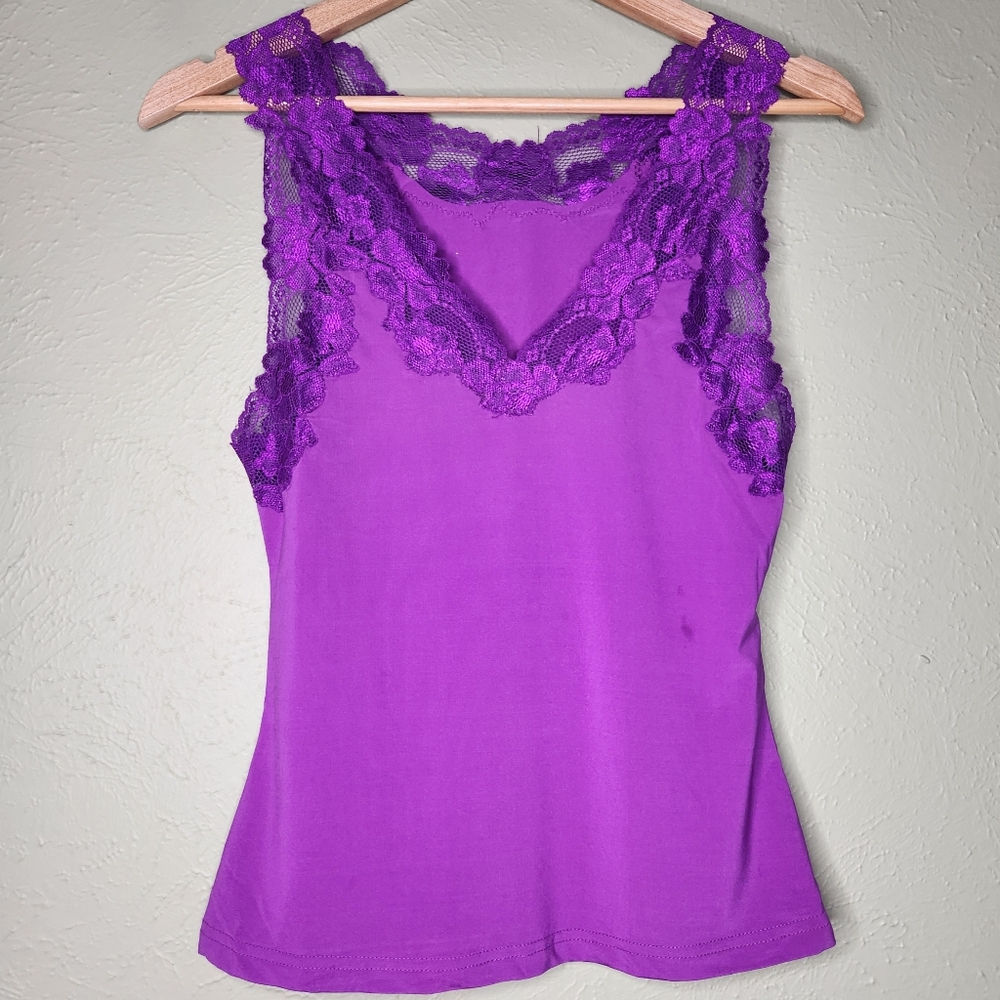 Frederick’s of Hollywood Purple Lace Trim Cami Size Small Clubwear Y2K